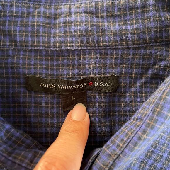 John Vabartos Micro Black Watch Plaid Blue Mens L Button Down Long Sleeve Shirt - Picture 4 of 10